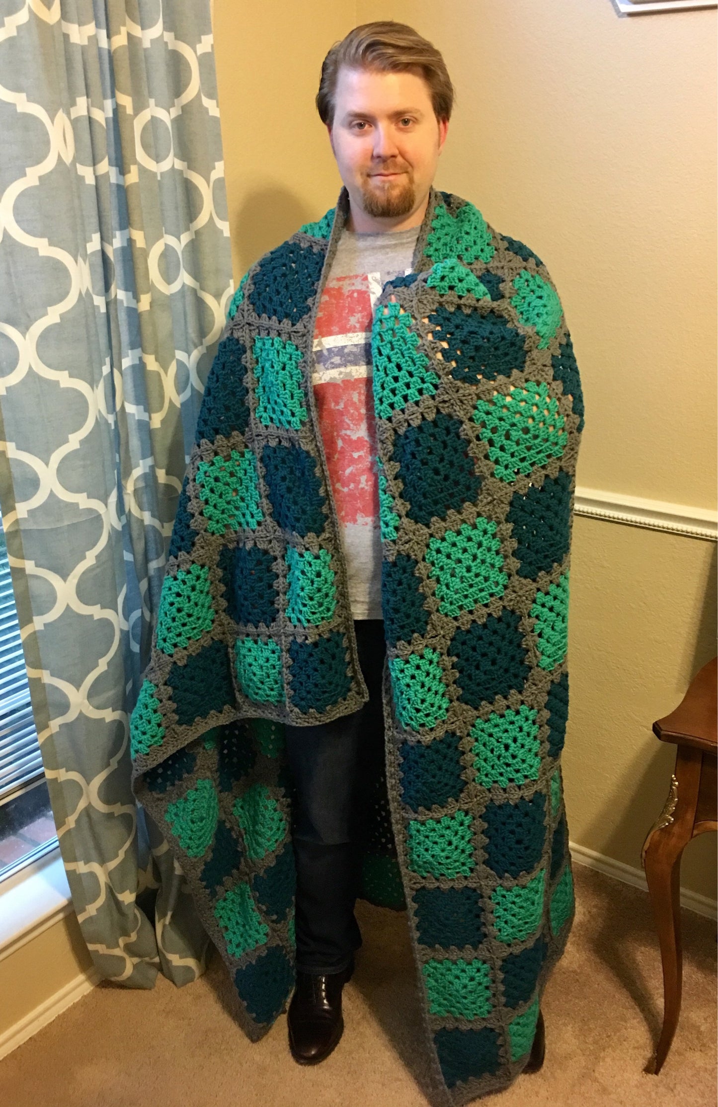 Green & Blue Granny Square Afghan Crochet Blanket - Full/Queen