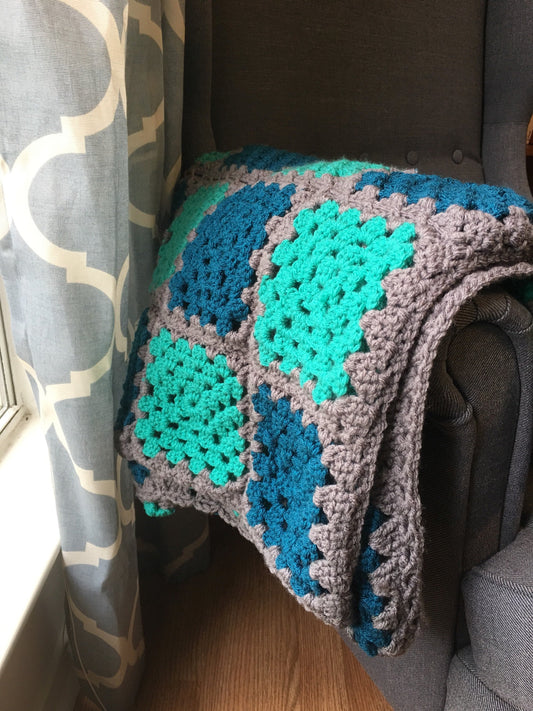 Green & Blue Granny Square Afghan Crochet Blanket - Full/Queen