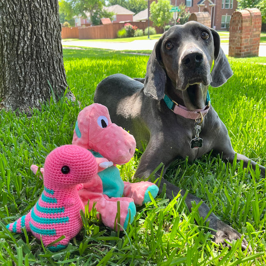 Indy’s Dino - Tropical Pink with Teal Stripes - Chubby Dinosaur